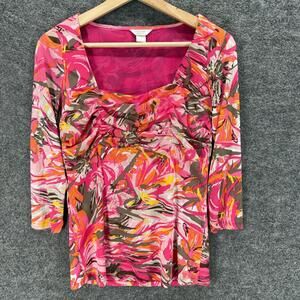 Christopher & Banks Blouse Women S Small Pink Geometric 3/4 Sleeve Square Neck